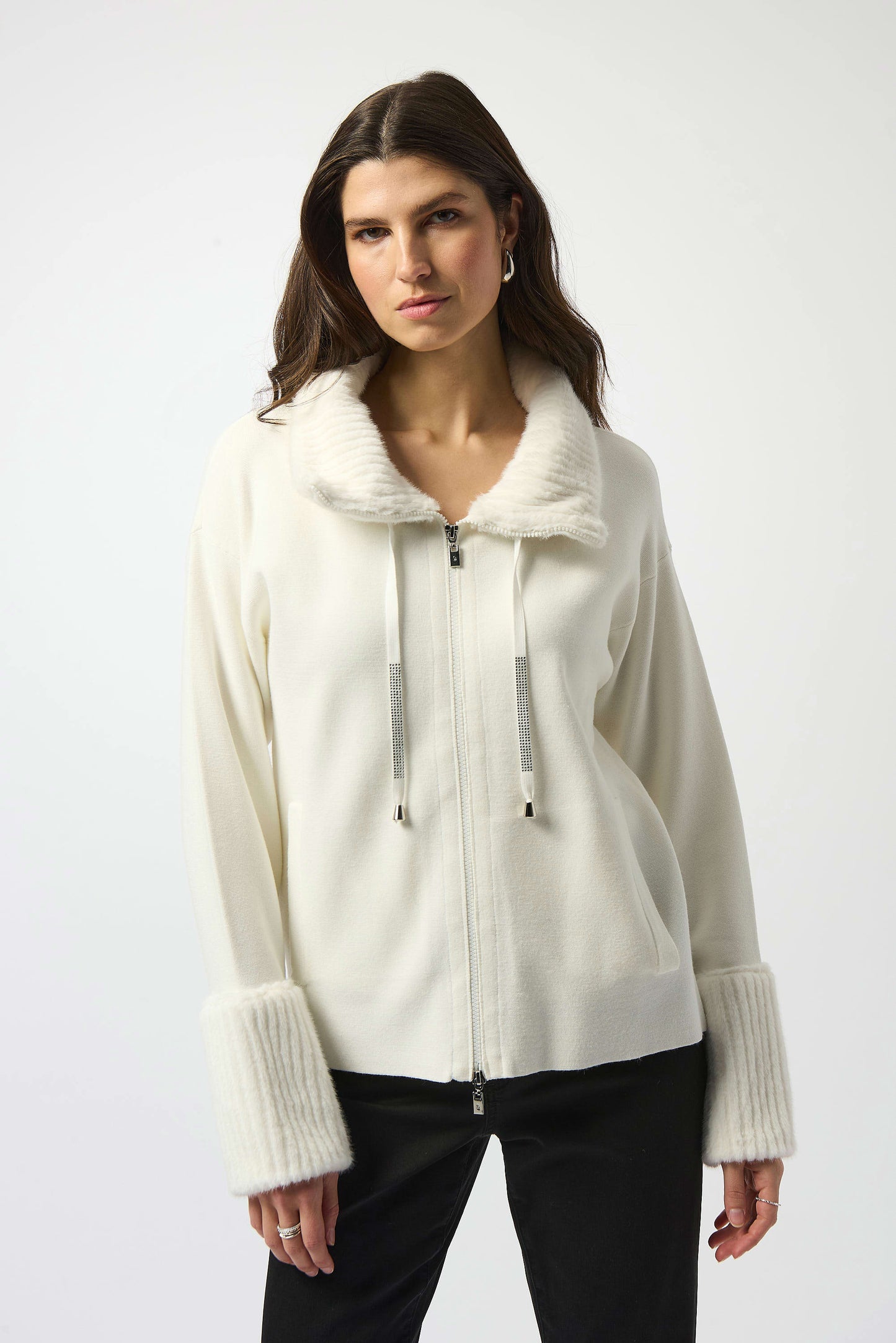 Sweater Knit Coat With Fur Trim