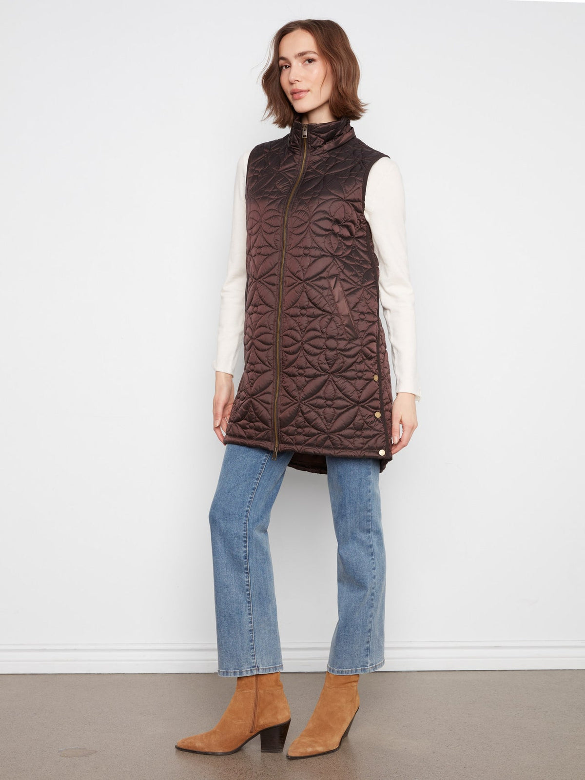 CHARLIE B Long Hooded Puffer Vest - Mocha
