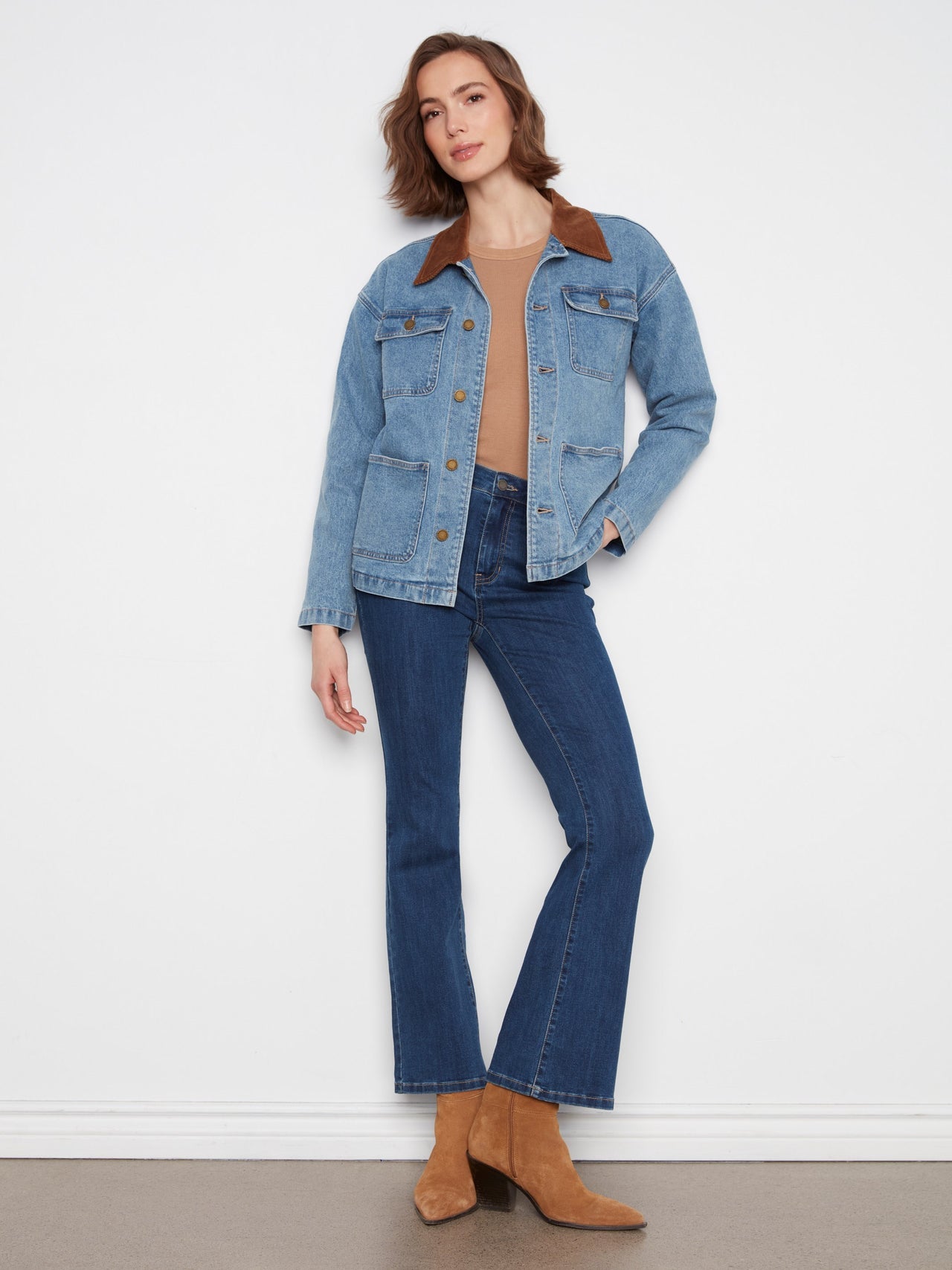 Denim Barn Jacket With Corduroy Collar - Denim Blue