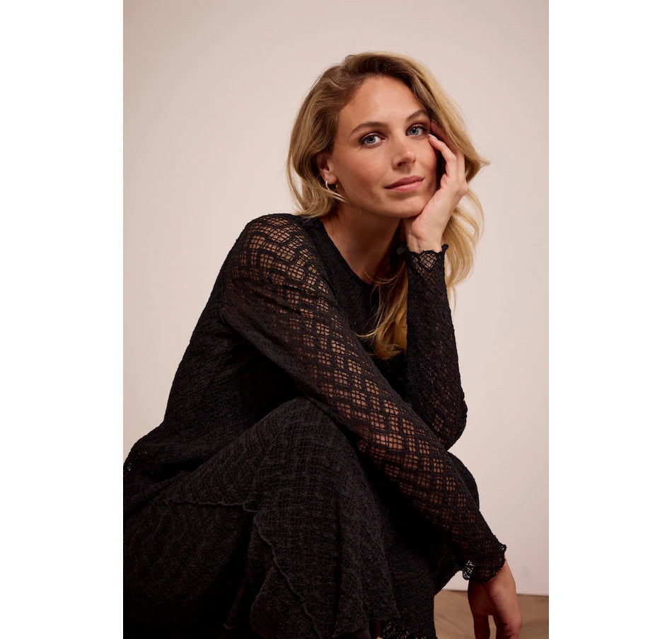 Flared Sleeve Brushed Lace Top  -Black