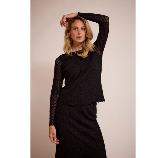 Flared Sleeve Brushed Lace Top  -Black