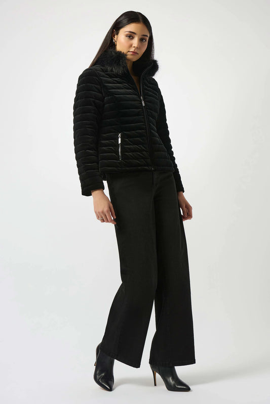 Stretch Velvet Puffer Jacket with Faux Fur Collar