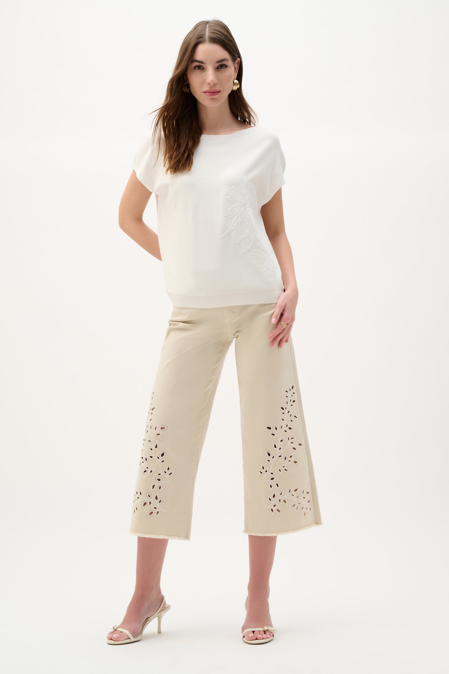 Viscose Sweater Knit Top With Embroidered Flowers