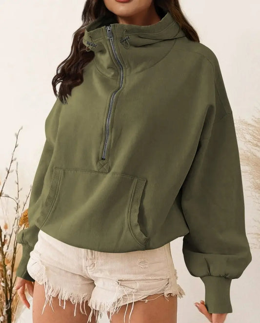 Long Sleeve Zip Collar Pocket Hoodie