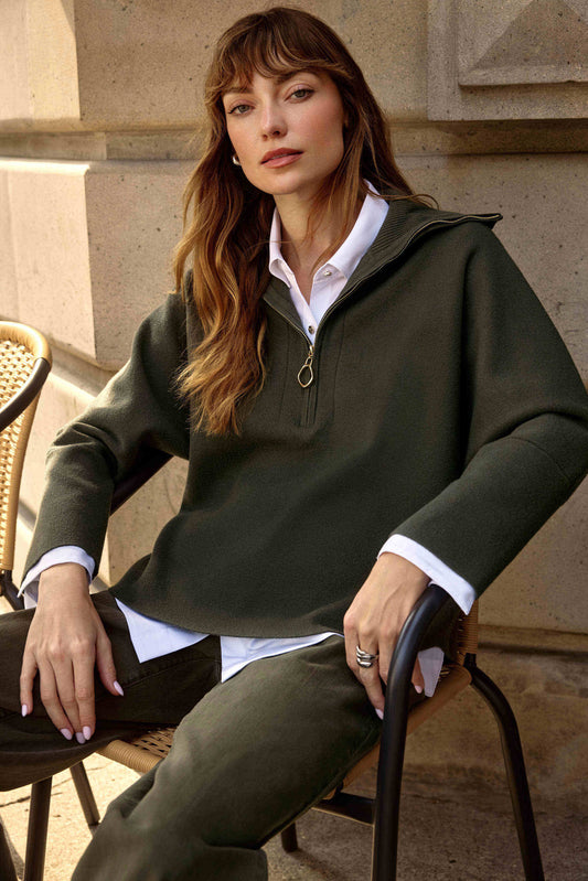 Sweater Knit Boxy Pullover With Zipped Collar
