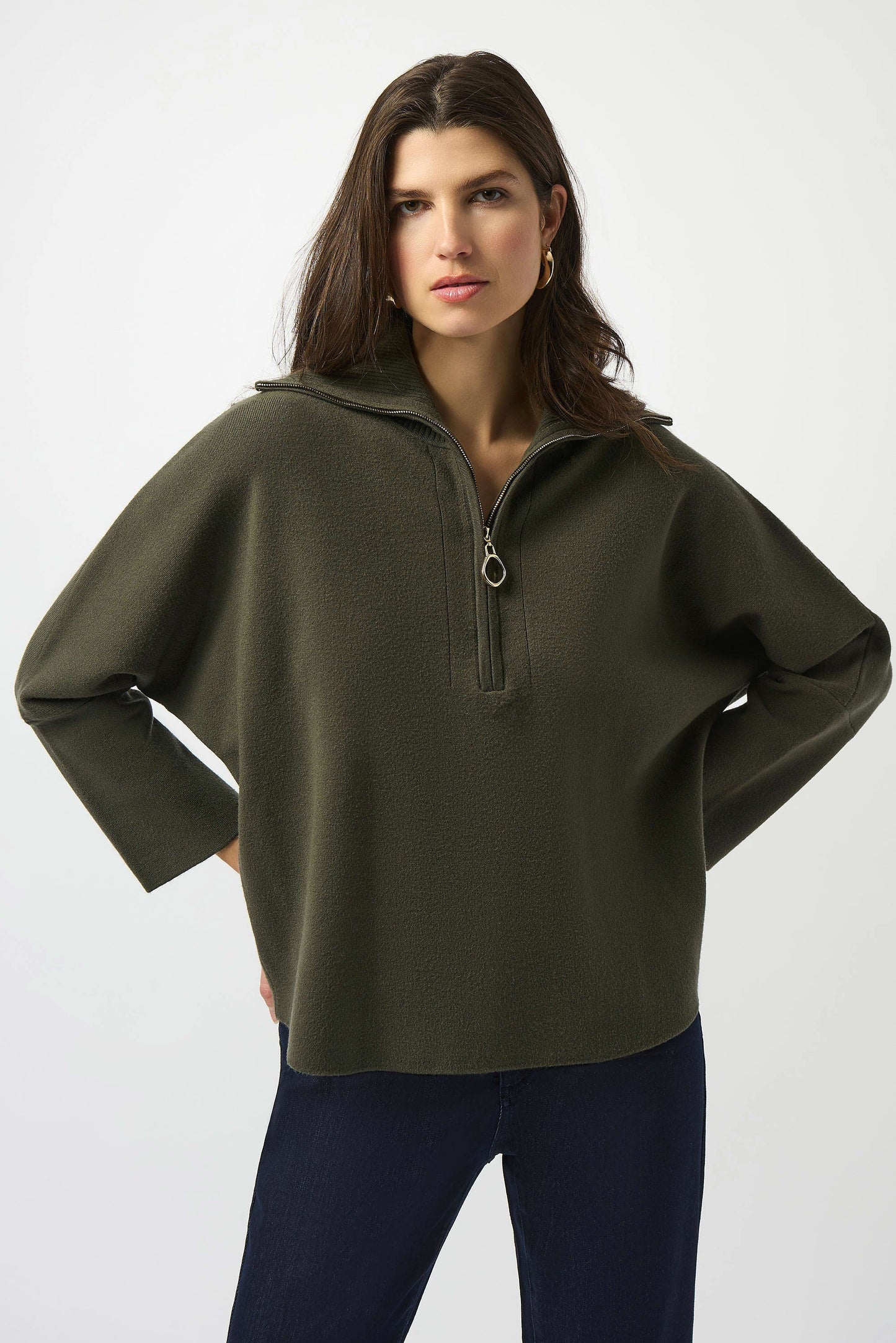 Sweater Knit Boxy Pullover With Zipped Collar