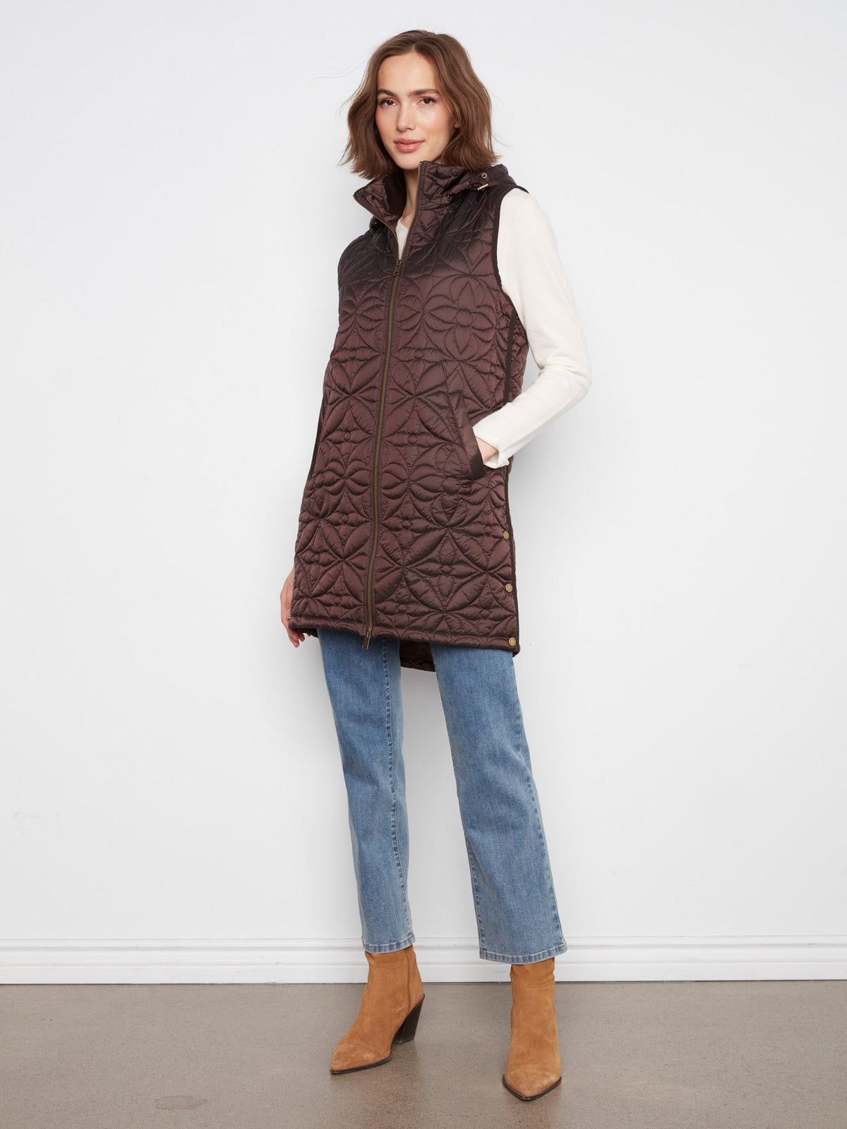CHARLIE B Long Hooded Puffer Vest - Mocha