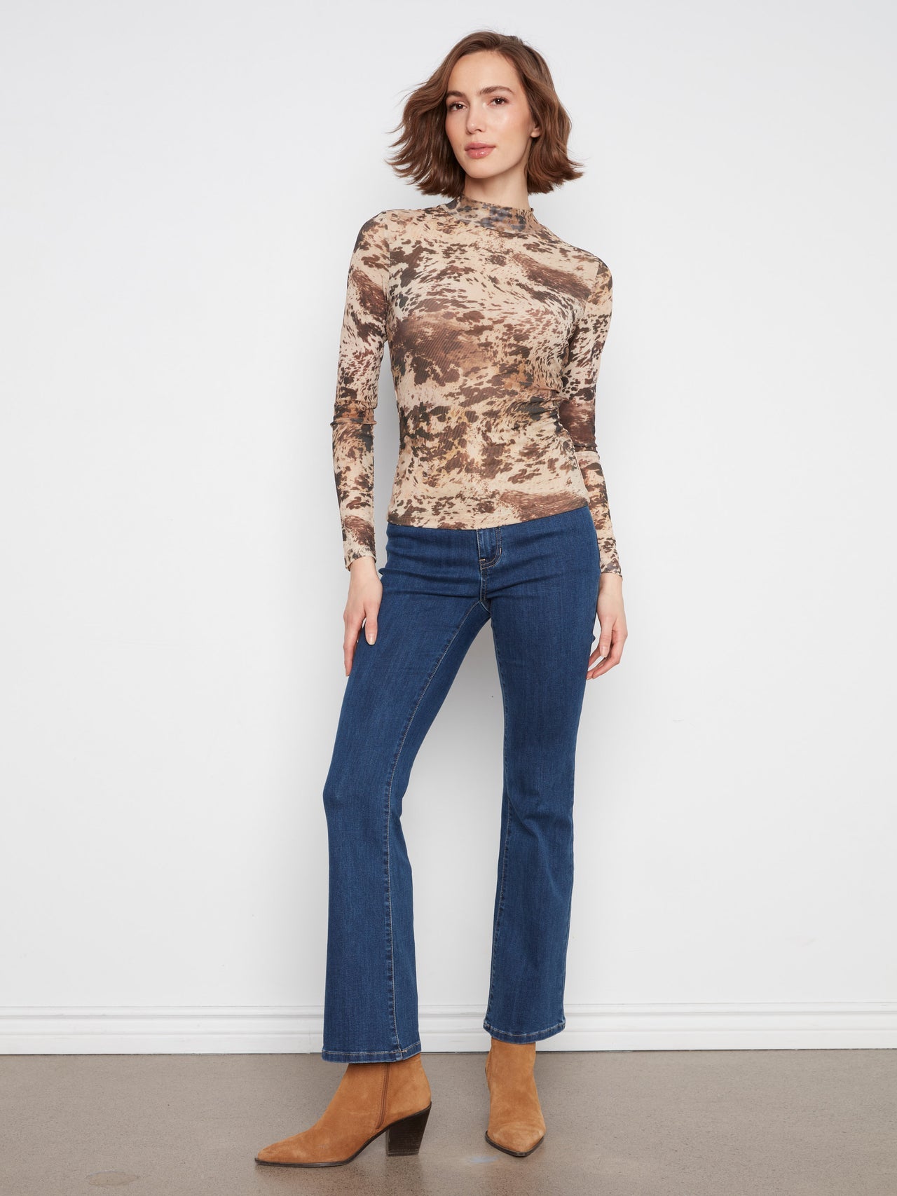 Printed Mesh Mock Neck Top - Country