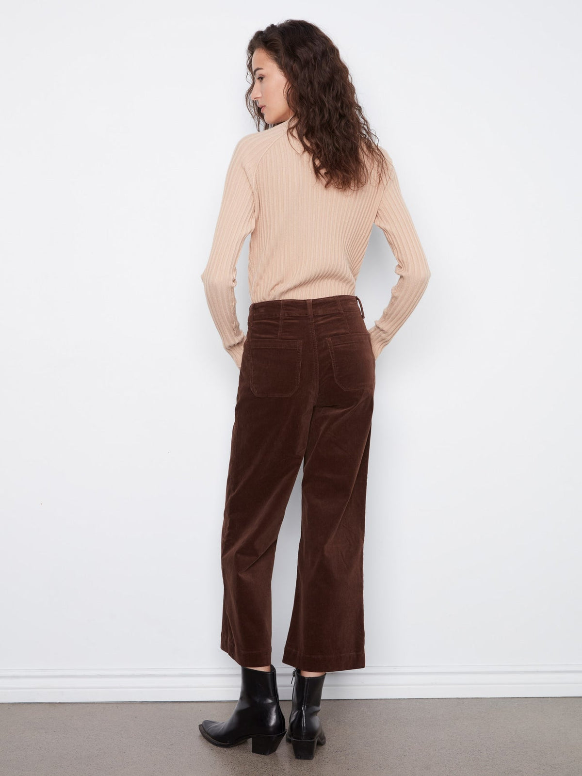 Cropped Wide Leg Stretch Corduroy Pants - Coffee