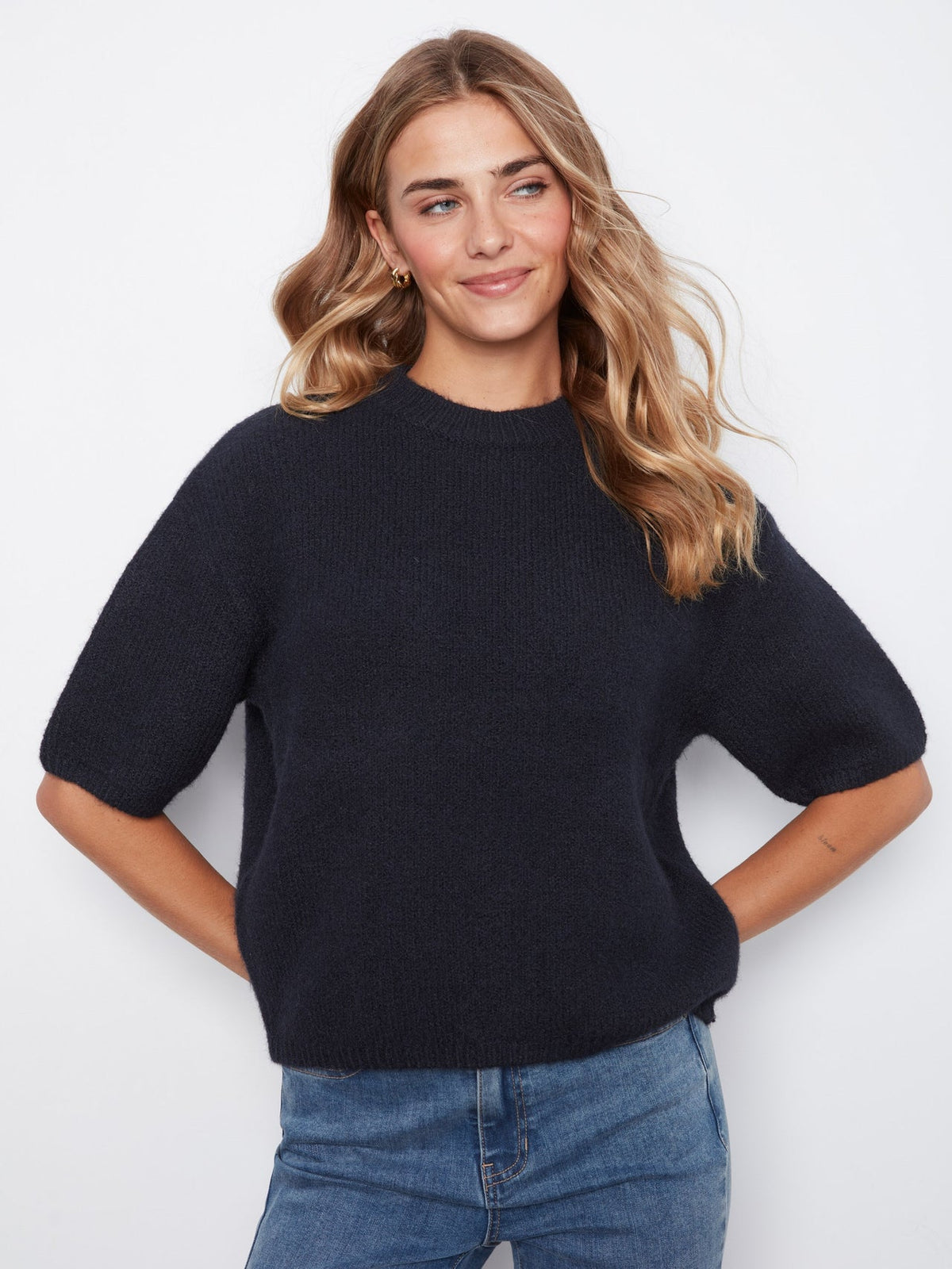 Charlie B Balloon Elbow Sleeve Knit Sweater - Navy