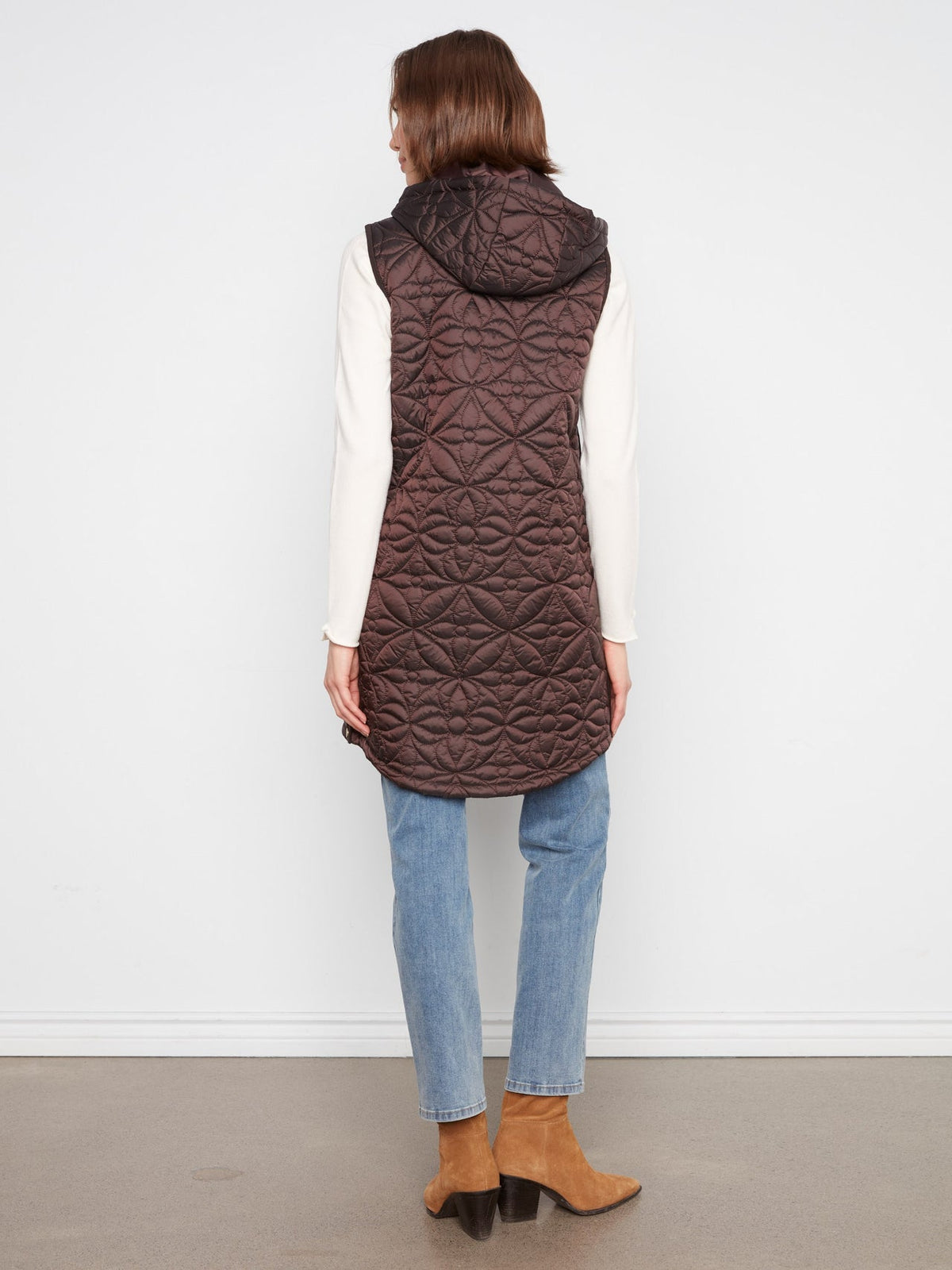 CHARLIE B Long Hooded Puffer Vest - Mocha