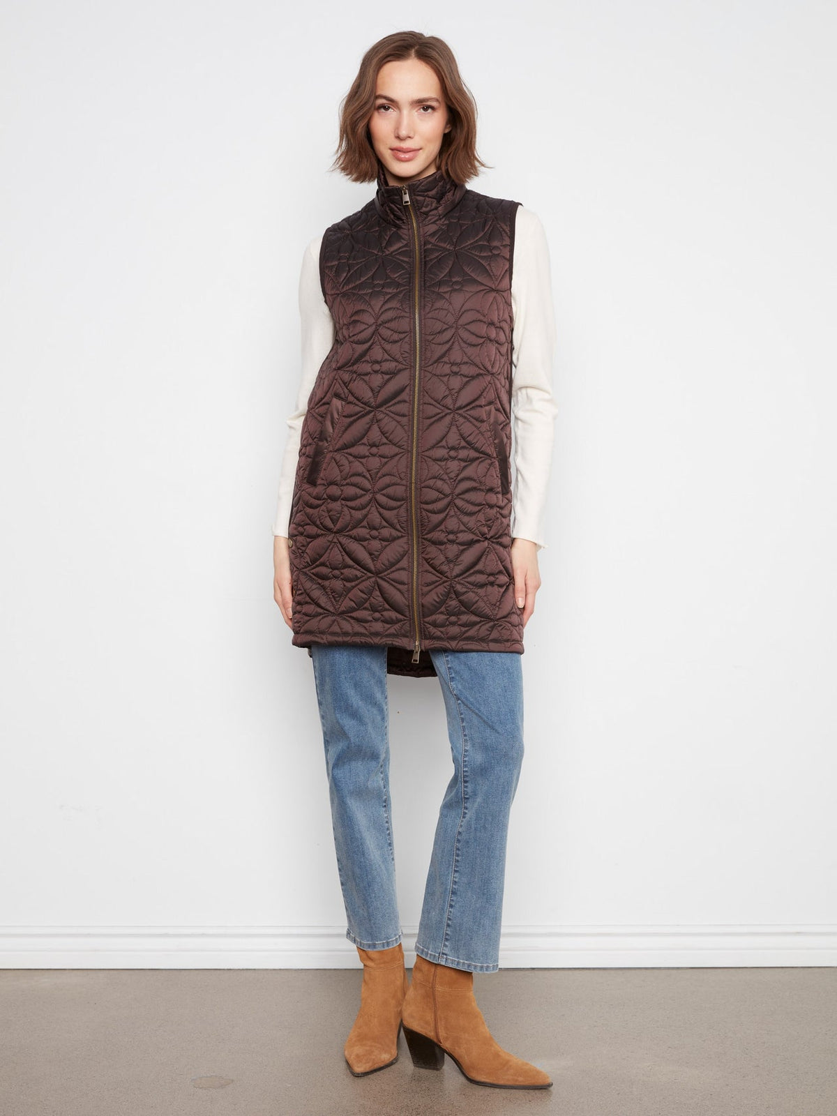 CHARLIE B Long Hooded Puffer Vest - Mocha