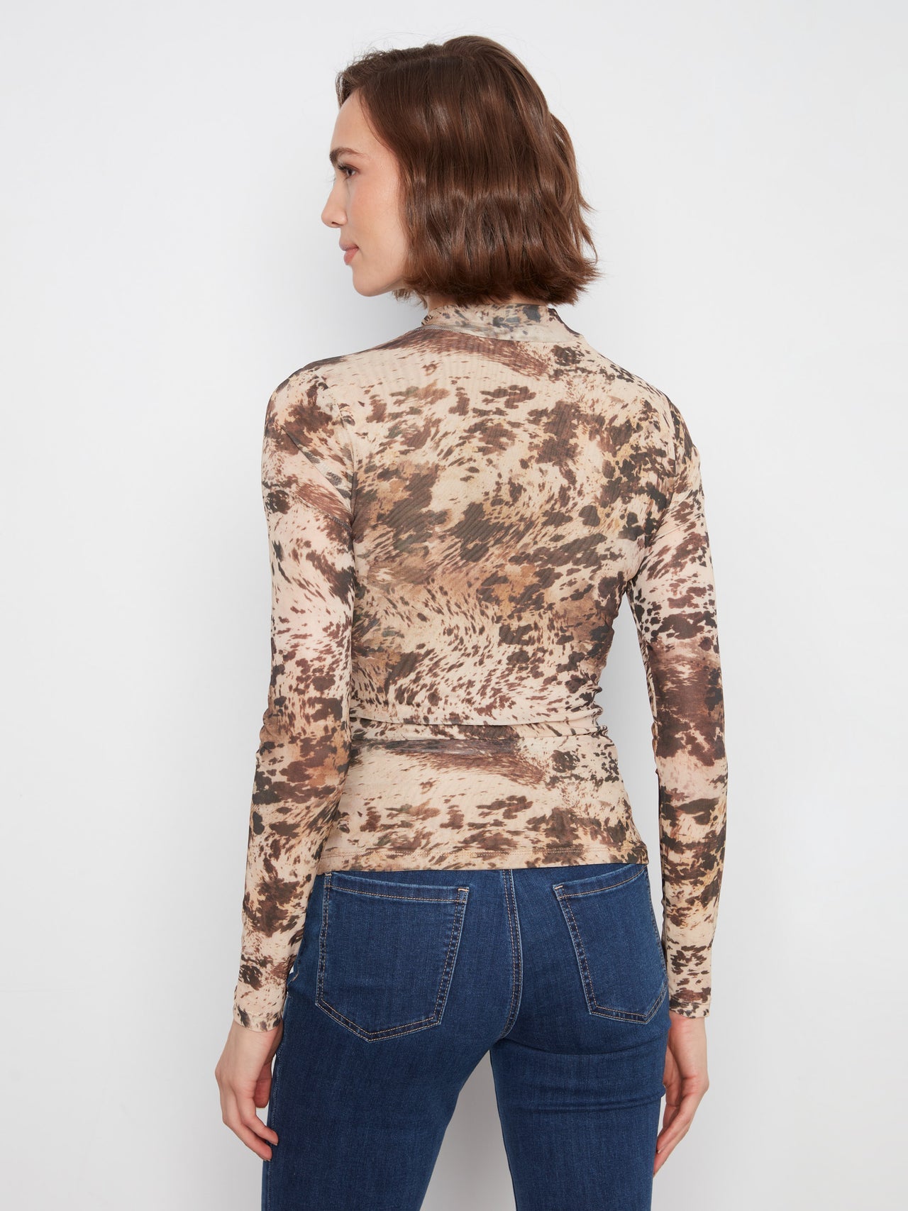 Printed Mesh Mock Neck Top - Country