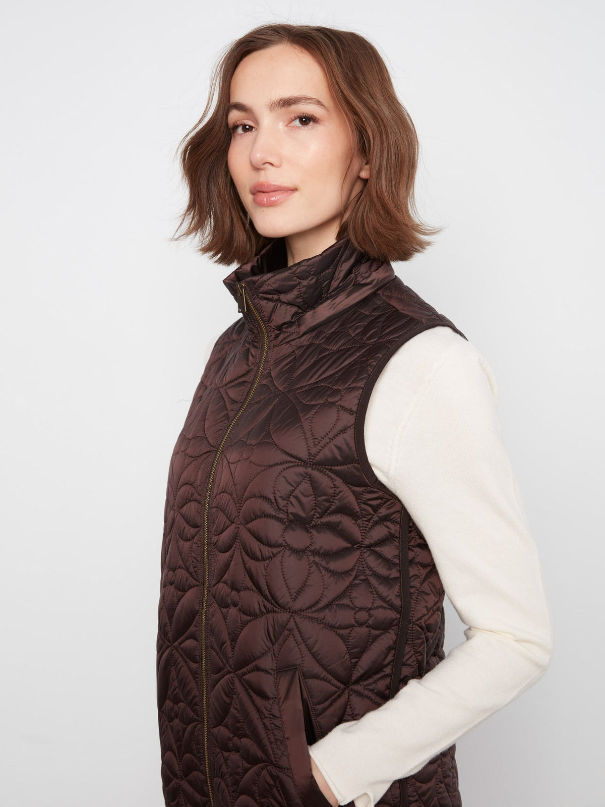 CHARLIE B Long Hooded Puffer Vest - Mocha